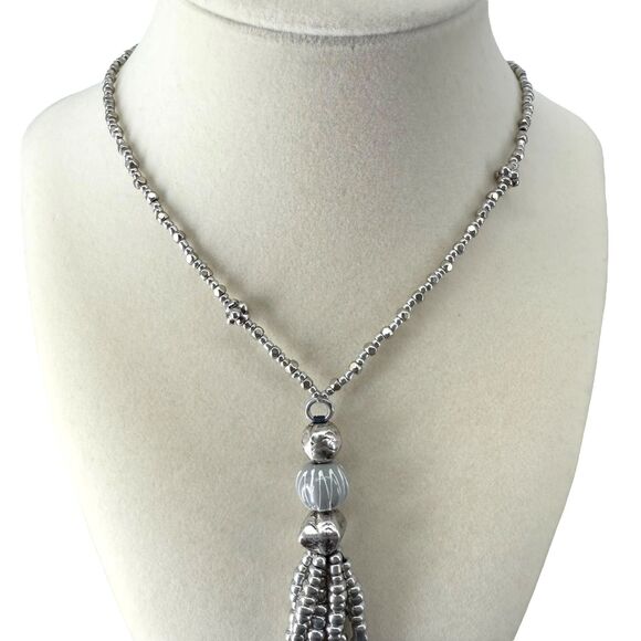 J. Jill Charm Tassel Necklace Long Silver Tone Beaded Blue Pendant 32” Boho NWT - Picture 4 of 13